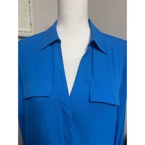 WHBM Outlet Royal Blue Hidden Button Down Blouse Long Sleeve Pockets Womens M